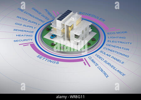 Moderne smart house con infographics. Il rendering 3D Foto Stock