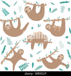 Vettore Collezione di graziosi bradipi. Disegnate a mano cartoon illustrazione di un bradipo appeso su un ramo per i bambini, un estate tropicale, vacanze, saluto ca Illustrazione Vettoriale