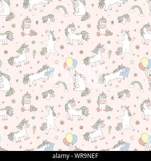 Modello senza giunture di disegnati a mano cartoon unicorns magico con diamanti, cuori, palloncini e fiori, stelle, corone. Immagine vettoriale per vacanza, bambino, doccia Illustrazione Vettoriale