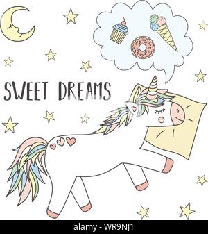 Immagine vettoriale di un sonno unicorn su un cuscino con le stelle e la luna e l'iscrizione Sweet Dreams. Concetto di sonno, vacanze, baby shower, stampa Illustrazione Vettoriale