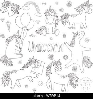 Illustrazione Vettoriale di magici unicorns in bianco e nero. Icona collezione di cavalli, cuori, diamanti, dolci, stelle e fiori. Concetto di vacanza, b Illustrazione Vettoriale