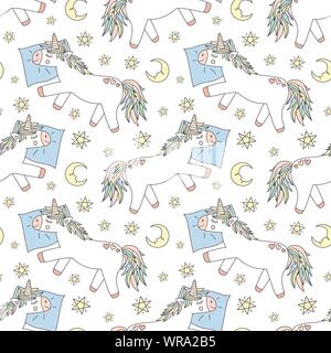 Modello senza giunture di disegnati a mano unicorns dormire su un cuscino con la luna e le stelle. Vettore di immagine di sfondo per le stampe per pigiami, texture, vacanze Illustrazione Vettoriale