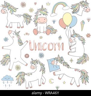 Illustrazione Vettoriale di magici unicorns. Icona collezione di cavalli, cuori, diamanti, dolci, stelle e fiori. Concetto di vacanza, baby doccia, birthda Illustrazione Vettoriale