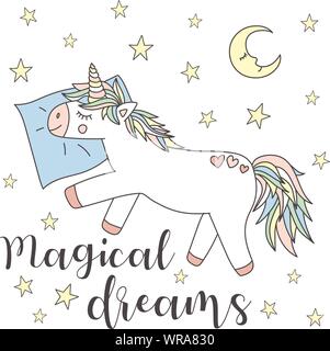 Immagine vettoriale di un sonno unicorn su un cuscino con le stelle e la luna e l'iscrizione dei sogni magici. Concetto di sonno, vacanze, bambino, doccia, Illustrazione Vettoriale