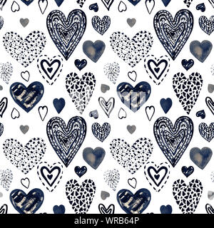 Illustrazione impostare dipinta a mano cuori in stile grafico. Oggetti di decorazione per il giorno di San Valentino pattern senza giunture Foto Stock