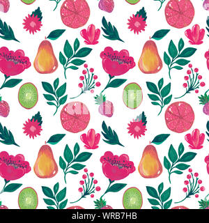 Modello senza giunture. Illustrazione del dipinto a mano gouache acrilica. La frutta esotica kiwi pompelmo fragola pera su sfondo bianco. Design per digital p Foto Stock