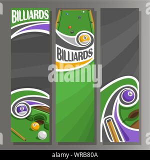 Vettore banner verticale per il Biliardo: 3 cartoon di modelli di testo sul tema di snooker, Biliardo con delle palle di biliardo su sfondo grigio. Illustrazione Vettoriale