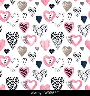 Illustrazione impostare dipinta a mano cuori in stile grafico. Oggetti di decorazione per il giorno di San Valentino pattern senza giunture Foto Stock