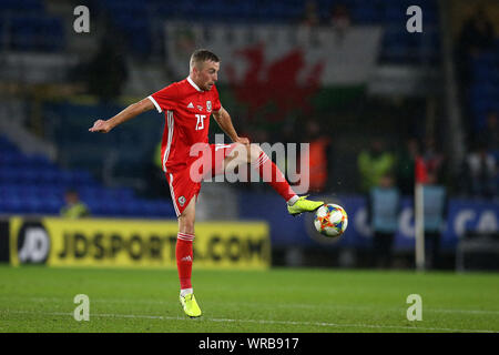 Cardiff, Regno Unito. 09Sep, 2019. Joe Morrell del Galles in azione . Il Galles v Bielorussia, sfida internazionale amichevole partita di calcio internazionale a Cardiff City Stadium di Cardiff, Galles del Sud il lunedì 9 settembre 2019. Solo uso editoriale. pic da Andrew Orchard/Andrew Orchard fotografia sportiva/Alamy Live News Credito: Andrew Orchard fotografia sportiva/Alamy Live News Foto Stock