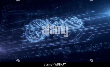 Cyber sicurezza con simbolo chiave ologramma 3d'illustrazione. Un concetto moderno di protezione dei computer, la crittografia e la protezione tramite password sul blu backgro digitale Foto Stock