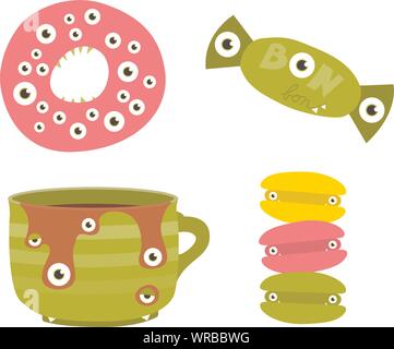Caramelle stilizzata come carino Halloween mostri. Ciambella, bonbon, cupf di caffe e macroons con molti occhi e denti affilati. Illustrazione Vettoriale
