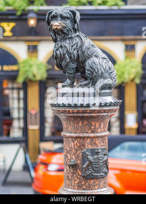 La statua del famoso fedele Skye Terrier cane Greyfriars Bobby e pub con lo stesso nome in Edinburgh old town. Foto Stock