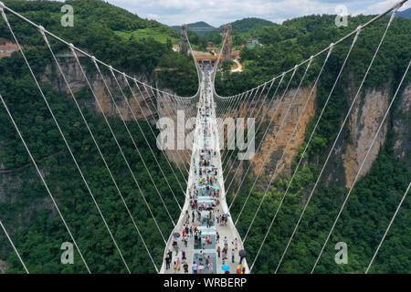 In questa vista aerea, turisti brave la più lunga del mondo e il più alto dal fondo di vetro ponte sopra il Zhangjiajie Grand Canyon a Wulingyuan Scenic e H Foto Stock