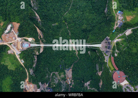 In questa vista aerea, turisti brave la più lunga del mondo e il più alto dal fondo di vetro ponte sopra il Zhangjiajie Grand Canyon a Wulingyuan Scenic e H Foto Stock