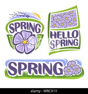 Il logo del vettore per fiori di primavera: icona di ibisco lilla, stormo di uccelli su sunrise, bandiera con lavanda sfondo floreale di fiori di Sharon, titolo ciao Illustrazione Vettoriale