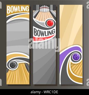 Vettore banner verticale per il Bowling: 3 cartoon di modelli di testo sul tema di bowling, sfera gettando in dieci perni sul vicolo su sfondo grigio. Illustrazione Vettoriale