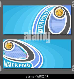 Banner di vettore per la pallanuoto gioco: pallanuoto palla che vola sulla curva sopra waterpolo piscina sul turchese sfondo astratto. Illustrazione Vettoriale