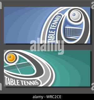 Banner di vettore per il gioco del tennis da tavolo: ping pong palla voli blu su sfondo astratto. Illustrazione Vettoriale