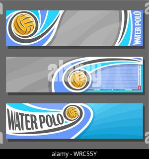 Vettore Banner orizzontale per la pallanuoto: 3 cartoon copre per il testo su pallanuoto tema, piscina con waterpolo battenti bal su backgrou turchese Illustrazione Vettoriale