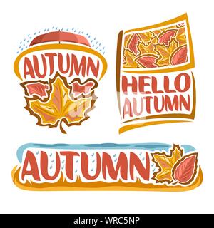 Il logo del vettore per la pioggia d'Autunno: icona di autunno Meteo, gocce di pioggia cadute sul rosso ombrello, bandiera con arte fogliame, titolo ciao autunno, banner con rainy Illustrazione Vettoriale