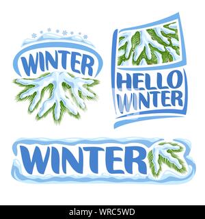 Il logo del vettore per l'inverno: ramo di albero di natale nella neve, cielo nuvoloso orizzonte con i fiocchi di neve, bandiera con sfondo di pino, il testo in blu ciao inverno. Illustrazione Vettoriale