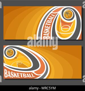 Banner di vettore per il gioco del basket: gettati basket ball battenti sulla traiettoria curva al di sopra del campo sportivo su orange abstract background. Illustrazione Vettoriale