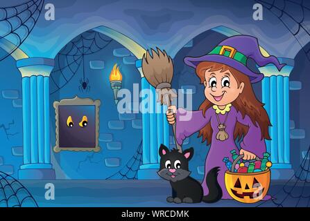 Carino strega e cat in haunted castle Illustrazione Vettoriale