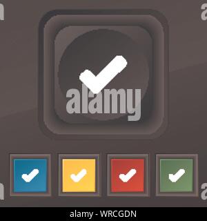 Segno di spunta tik icona simbolo. Set di cinque colorate, eleganti pulsanti sulla texture nera per il vostro design. Vettore Illustrazione Vettoriale