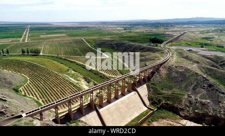 (190910) -- PECHINO, Sett. 10, 2019 (Xinhua) -- foto aerea adottate il 7 settembre 6, 2018 mostra il pompaggio Guhai progetto di irrigazione nel nord-ovest della Cina di Ningxia Hui Regione autonoma. Situato nel nord-ovest della Cina, Ningxia è ricca di bellezze naturali che vanno dal paesaggio waterside al paesaggio in zone fredde. Come un importante barriera di protezione del sistema ecologico nel nordovest della Cina, Ningxia gioca un ruolo significativo nel garantire la tutela di tutto il paese di ambiente ecologico. Circondato da deserti su tre lati, Ningxia si trova di fronte a compiti difficili sul controllo della desertificazione. Con 70 anni Foto Stock