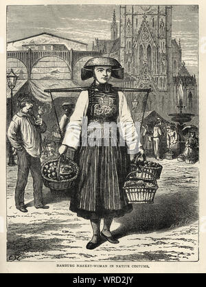 Vintage incisione di un mercato di Amburgo donna in costume tradizionale, usando un palo che porta alla realizzazione di cesti di produrre, Germania, XIX SECOLO Foto Stock