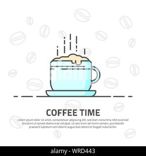 Mattina tazza di caffè caldo con la schiuma e il vapore. Linea blu illustrazione vettoriale. Banner con un background di chicchi di caffè. Illustrazione Vettoriale