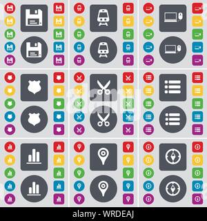 Floppy, Treno, Laptop, police badge, forbici, Elenco, Grafico, Checkpoint, icona della bussola simbolo. Un grande insieme di Piana, pulsanti colorati per il vostro design. Vettore Illustrazione Vettoriale