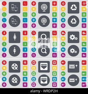 Lo scambio di file, Wifi, riciclaggio, Silhouette, lente di ingrandimento, ingranaggi, videocassette, presa LAN, cassetta icona simbolo. Un grande insieme di Piana, pulsanti colorati per il vostro design. Vettore Illustrazione Vettoriale