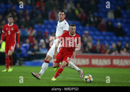 Cardiff, Regno Unito. 09Sep, 2019. Joe Morrell del Galles in azione. Il Galles v Bielorussia, sfida internazionale amichevole partita di calcio internazionale a Cardiff City Stadium di Cardiff, Galles del Sud il lunedì 9 settembre 2019. Solo uso editoriale. pic da Andrew Orchard/Andrew Orchard fotografia sportiva/Alamy Live News Credito: Andrew Orchard fotografia sportiva/Alamy Live News Foto Stock