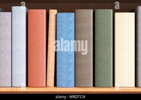 Libri vuoti con un dorso vuoto su una libreria in primo piano Foto Stock