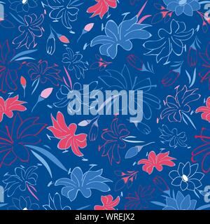 Blu e rosso con motivi floreali esotiche perfetta configurazione vettore Illustrazione Vettoriale