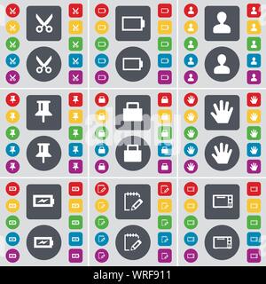 Forbici, Batteria, avatar, Pin, bloccare, mano, carica, Notebook, microonde icona simbolo. Un grande insieme di Piana, pulsanti colorati per il vostro design. Vettore Illustrazione Vettoriale