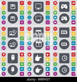 Floppy, Monitor, gamepad, foto, calendario, carica, mouse, mano, orologio icona simbolo. Un grande insieme di Piana, pulsanti colorati per il vostro design. Vettore Illustrazione Vettoriale