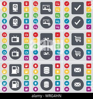 Altoparlante, foto, tick, TV retrò, nuotatore, carrello, stazione di gas, Database, Messaggio icona simbolo. Un grande insieme di Piana, pulsanti colorati per il vostro design. Vettore Illustrazione Vettoriale