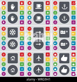 Mano, Coppa, ancora, il simbolo del fiocco di neve, freccia destra, cassetta, House, aereo, come icona simbolo. Un grande insieme di Piana, pulsanti colorati per il vostro design. Vettore Illustrazione Vettoriale