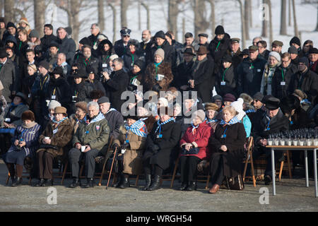 Auschwitz-Birkenau, Polonia - 27 Gennaio 2017: 72th anniversario della liberazione di Auschwitz. Ex prigionieri di Auschwitz presso il monumento Foto Stock