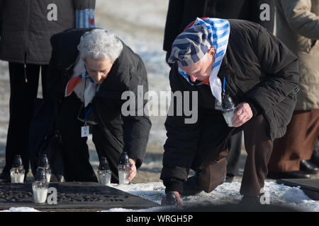 Auschwitz-Birkenau, Polonia - 27 Gennaio 2017: 72th anniversario della liberazione di Auschwitz. Ex prigionieri di Auschwitz presso il monumento Foto Stock