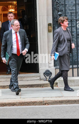 Westminster, Londra, decimo Sep 2019. DUP leader Arlene Foster e vice leader Nigel Dodds lasciare n. 10 di Downing Street in Westminster, ha detto di essere stato incontro il Primo Ministro Boris Johnson. La DUP è attualmente in un governo di coalizione con il Partito conservatore. Credito: Imageplotter/Alamy Live News Foto Stock