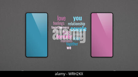 Close up due smartphone con schermi vuoti, blu e rosa e messaggi di comunicazione su carta grigio Sfondo, piana, laici direttamente sopra Foto Stock