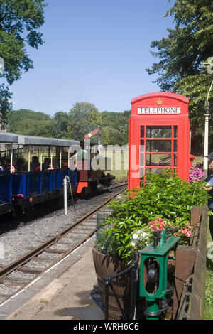 Treno a vapore pronto alla partenza alla stazione di Whipsnade zoo con il vecchio telefono rosso scatola e letto di fiori di tutta la piattaforma dal treno Foto Stock