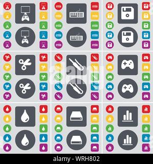 Console di gioco, tastiera, floppy disk, forbici, connettore microfono, gamepad, Drop, disco rigido, diagramma icona simbolo. Un grande insieme di Piana, pulsanti colorati per il vostro design. Vettore Illustrazione Vettoriale