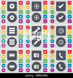 Torna, Plus, tick, app, microfono, orologio, Batteria, fotocamera, ricevitore icona simbolo. Un grande insieme di Piana, pulsanti colorati per il vostro design. Vettore Illustrazione Vettoriale