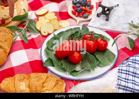 Elegante pic nic sul prato verde. Cornetti freschi e una teiera con il tè su un copriletto vicino a una femmina di vimini hat. Instagram contenuto. Foto Stock