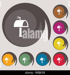 Icona di cassetta postale segno. Simboli su otto pulsanti colorati. Vettore Illustrazione Vettoriale