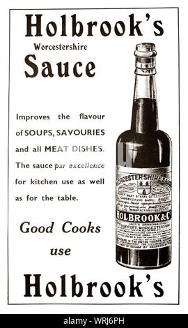 Primi anni trenta, 'tween le guerre per la pubblicità a mezzo stampa di forHolbrook Worcester sauce sapore aggiunta. Il liquido fermentato condimento è stato creato nella città di Worcester in Worcestershire, Inghilterra, nella prima metà del XIX secolo. Esso viene utilizzato per migliorare il cibo e le bevande ricette, compresi Welsh rarebit, Caesar salad, Ostriche Kirkpatrick, deviled uova, e più di recente, chili con carne e stufato di manzo. È anche utilizzato per insaporire cocktail come il Bloody Mary e Cesare. Foto Stock